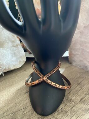 2 Vintage Copper Cuff Bracelet’s Hand Etched Signed Copper VM Pyramid Profile
